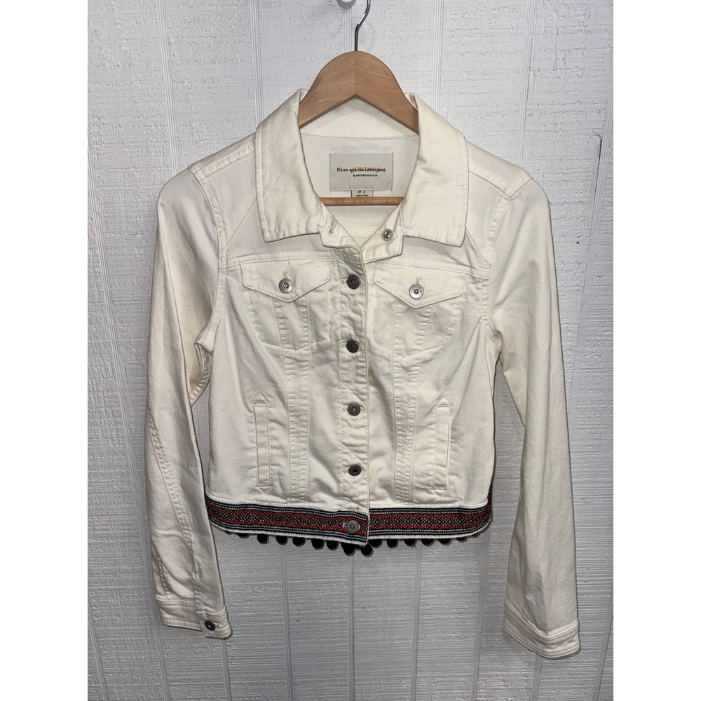 Pilcro Anthropologie Denim Jacket Womens White Embroidered Pom Pom Small